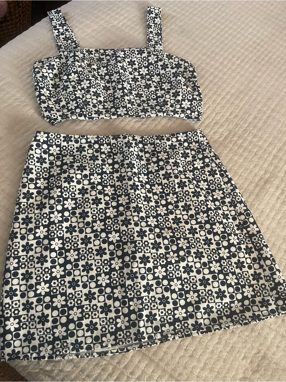 Elodie Black & White Floral Tile A-Line Skirt